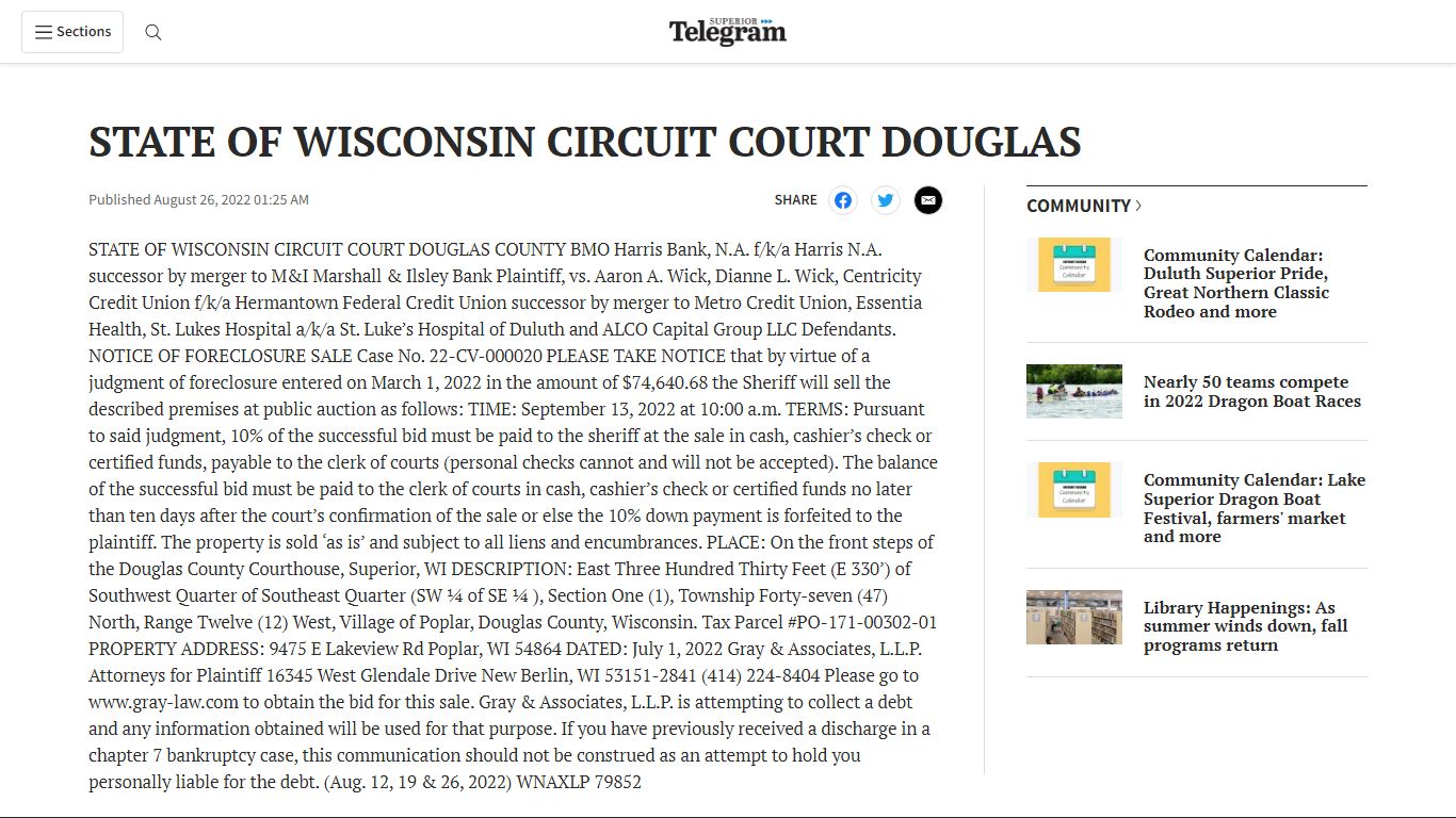 STATE OF WISCONSIN CIRCUIT COURT DOUGLAS